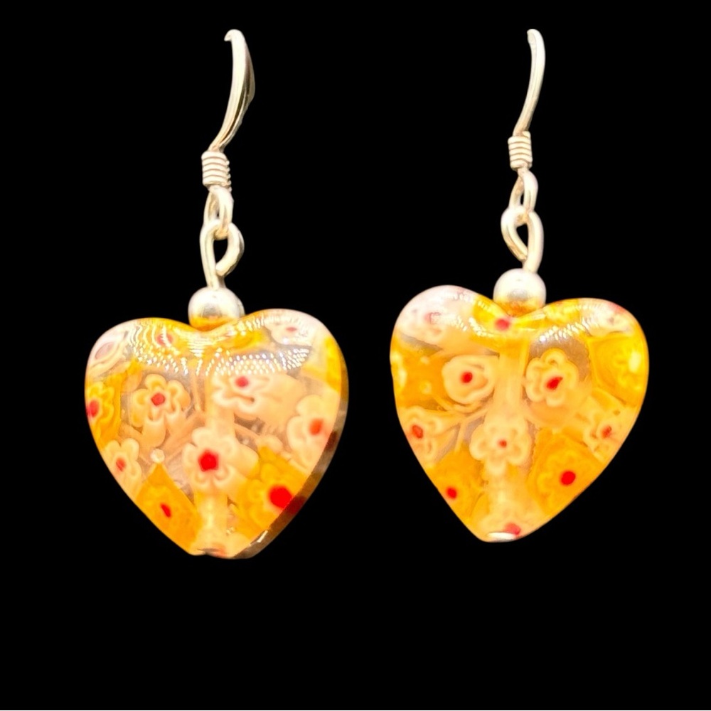 Silver Handmade Yellow Floral Heart Millefori Glass Drop Earrings